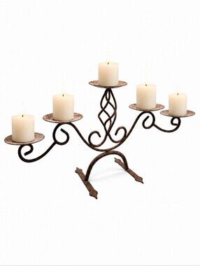 Five-Arm Scroll Metal Candle Holder - shades of rust/ copper. VGUC. $35.